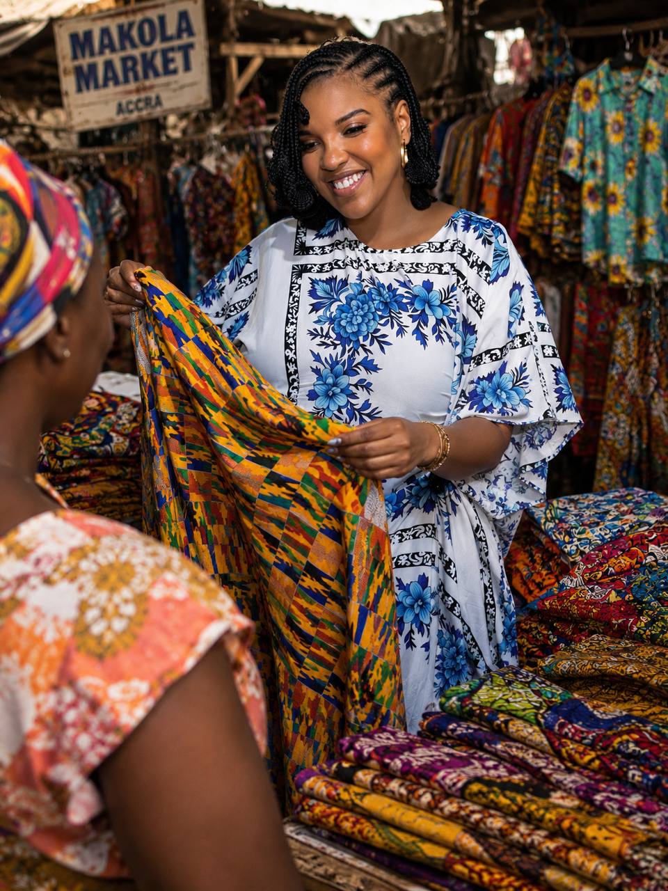 Customer fabric shopping at Makola Market
